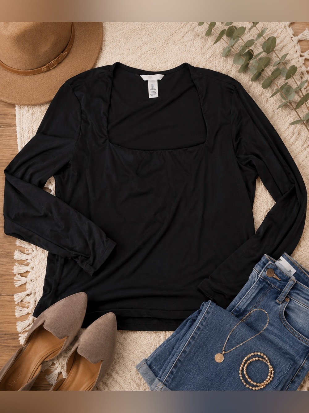 H&M Women’s XL Black Square Neck Long Sleeve Fitted Top